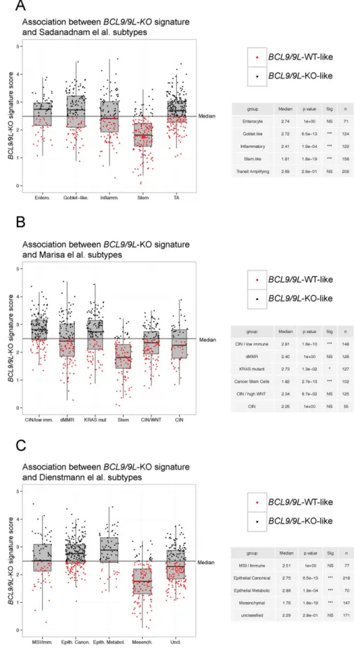 Fig. 3. Association between the BCL9/9L-KO signature and stemness subtypes in independent CRC classiﬁcations