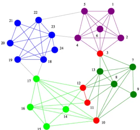 4. ábra. Moduláris hálózat szemléltetése. A különböz˝o modulok különböz˝o színekkel vannak jelölve az ábrán, a modulok közötti hídelemek pedig pirossal