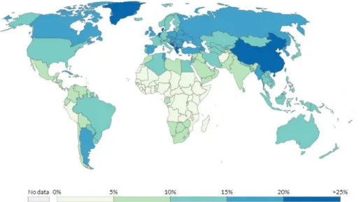 3. Ábra: A felnőttkorú lakosságon belüli dohányosok aránya a világban (Our World in  Data 2017b)  