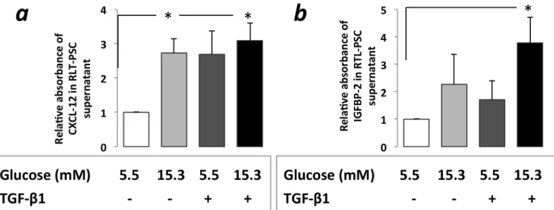 Fig 3. CXCL12 ( a ) and IGFBP2 ( b ) protein levels in RLT-PSC cell culture supernatant with ELISA assesment after exposure to hyperglycemia and/