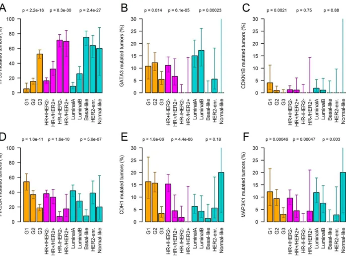Figure 4. Association of the mutation status of specific genes with tumour grade and immunohistochemical as well as PAM50 sub- sub-types (mutation rates including 95% confidence intervals)