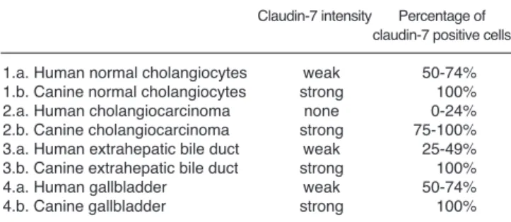 Table 1. Comparison of the results of the human and veterinary studies on claudin-7 expression in normal and neoplastic biliary tract and gallbladder.
