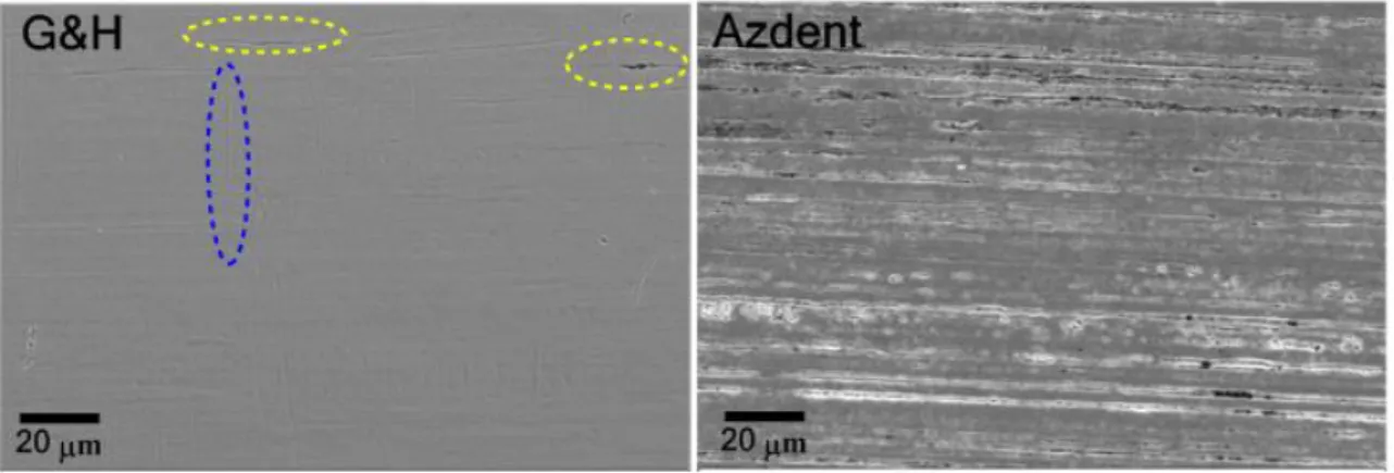 Figure  5.  SEM  micrographs  of  G&amp;H  (left)  and  Azdent  (right)  stainless  steel  archwires  at  2000× 