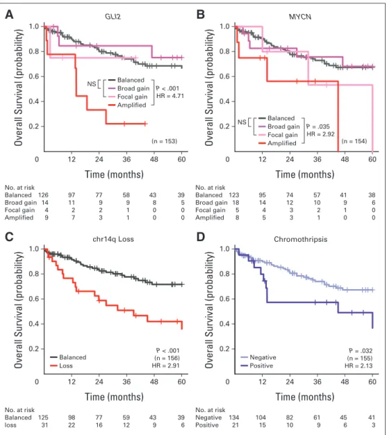 Fig A3. Clinical prognostication of patients with SHH medulloblastoma. Overall survival curves for (A) GLI2 copy-number status, (B) MYCN copy-number status, (C) chromosome 14q (chr14q) status, and (D) chromothripsis status