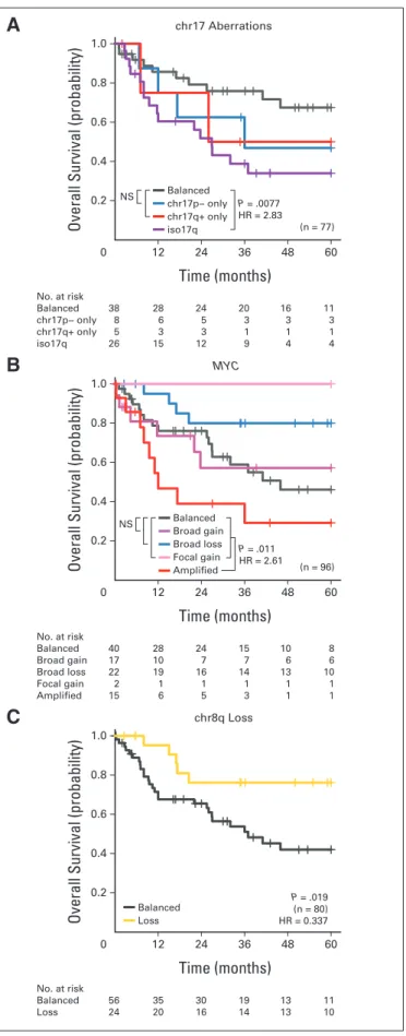 Fig A4. Clinical prognostication of patients with Group 3 medulloblastoma. Overall survival curves for (A) chromosome 17 (chr17) copy-number aberrations, (B) MYC copy-number status, and (C) chr8q status