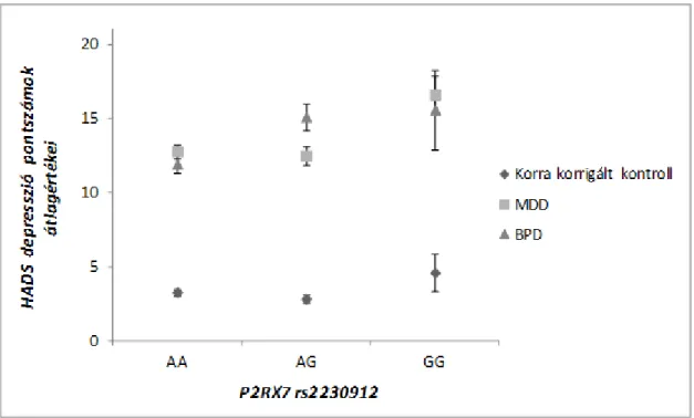 3. ábra: A klinikai státusz és a P2RX7 exon polimorfizmus (rs2230912) polimorfizmus  hatása a HADS depresszió pontszámokra az MDD, a BPD és a ’korra-korrigált’ kontroll  csoportokban