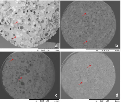 Fig. 3. Representative SEM pictures of the M4 (a), M5 (b), M6 (c) and M7 (d) solid foams.