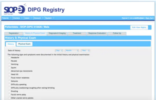 Fig. 2    Screenshot of the SIOPE  DIPG Registry showing the  electronic case report forms  (e-CRFs)
