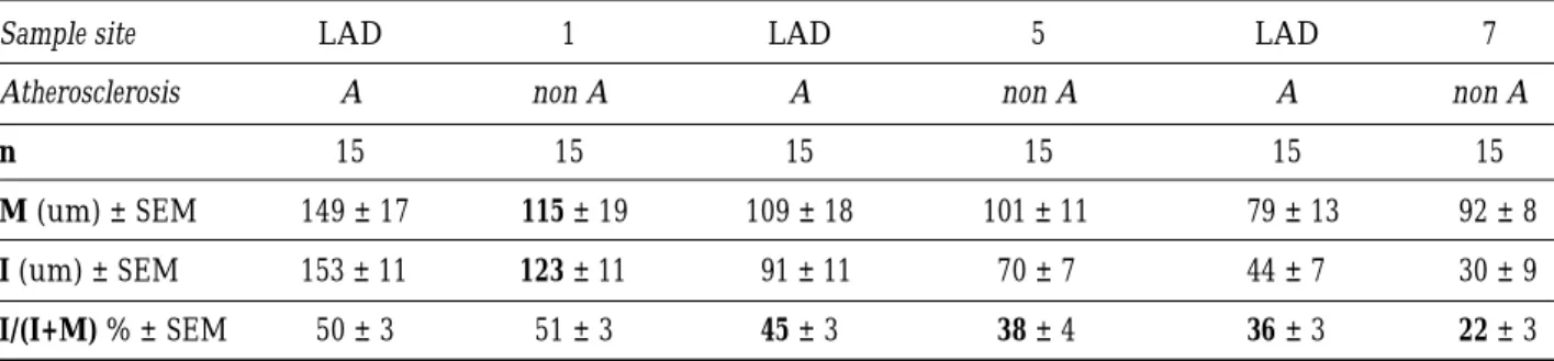 Table 1.  Mean thickness of media and intima and the relative intimal thickness of coronary artery segments with and without atherosclerotic lesions