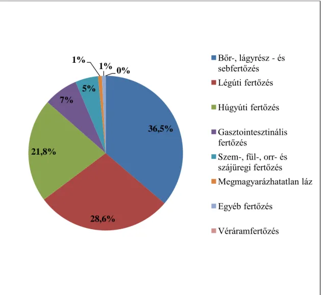 7. ábra. A HALT-2 vizsgálatba beválasztott és az egészségügyi ellátással összefüggő  fertőzésre utaló tünetekkel rendelkező ápoltaknál (n=252) a fertőzések típusainak  megoszlása, 2013