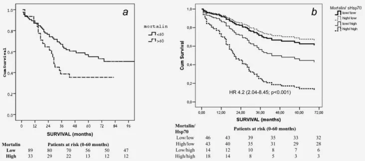 Figure 1. Survival (Kaplan-Meier) of colorectal cancer patients. (A) Patients divided according to mortalin level in their serum; high (60 ng=ml) or low (&lt;60 ng=ml)