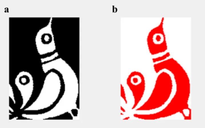 Figure 5. An original picture on a “Matyó” embroidery (bird pattern, 126×184 pixel) used for encoding  information (a) and its Run Length Encoding (RLE) compressed version as decoded by MALDI-TOF  MS (b)