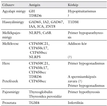 2. táblázat Endokrin célszervek, antigének és az autoimmun folyamat klini- klini-kai megjelenései APECED-szindrómában