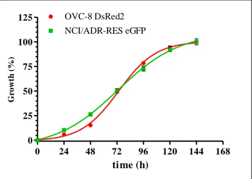 Figure 9. Normalized growth kinetics of the fluorescent cell lines OVC-8 DsRed2 (red line) and  NCI/ADR-RES eGFP (green line) in a 144 h long experiment