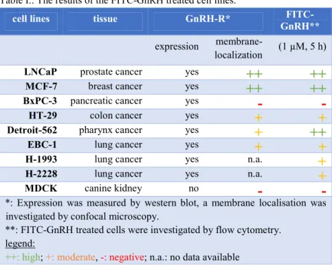 Table I.: The results of the FITC-GnRH treated cell lines. 