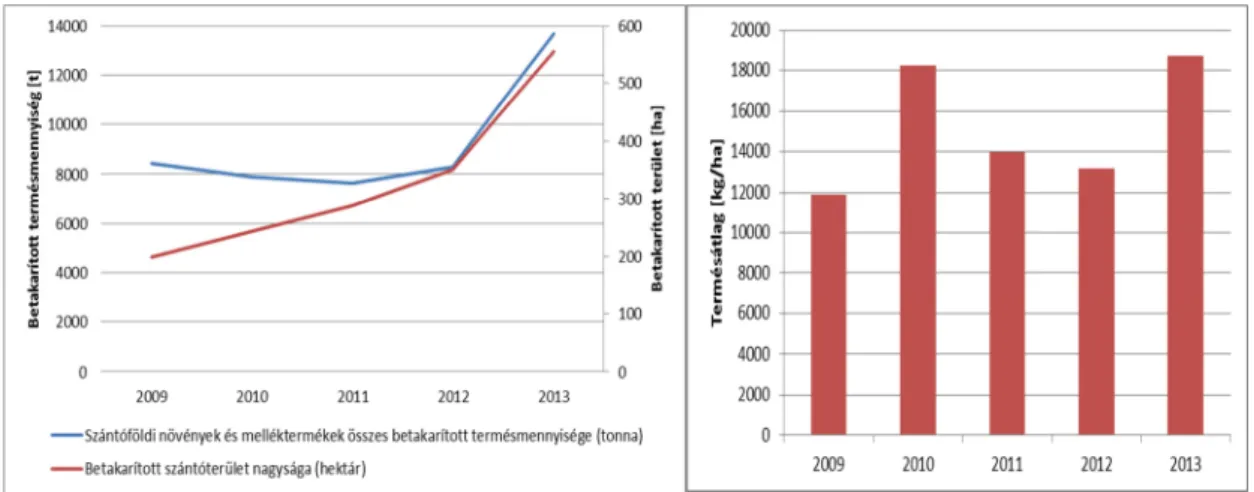 8. ábra A fejes saláta termőterülete és termelt mennyisége, valamint a hektáronkénti  termésátlag Magyarországon 2009-2013 között 