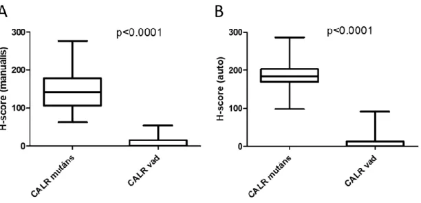 3. ábra A CALR mutáns és vad típusú esetek a manuális H score (H man ) (A) és az automatikus  képanalízissel  nyert  H  score  (H auto )  (B)  alapján  is  megbízhatóan  elkülöníthetőek  a  CAL2  antitest alkalmazásával