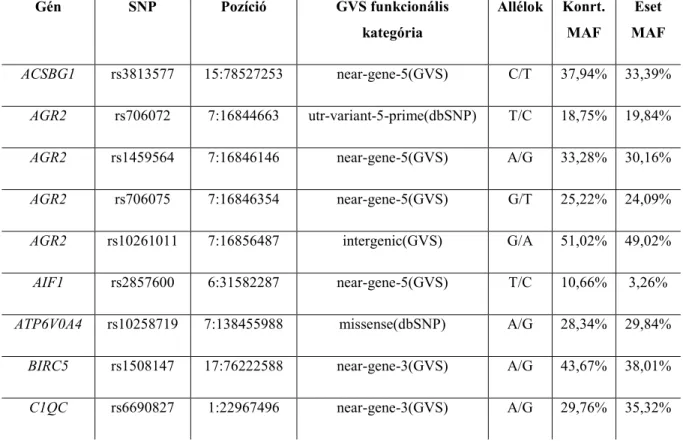 4. táblázat – Az értekezésben vizsgált gének és polimorfizmusok adatai (Genome Variation Server 137  based on dbSNP build 137, June 2013, http://gvs.gs.washington.edu/GVS/) [157] és a minor allél  frekvencia (MAF) eloszlása