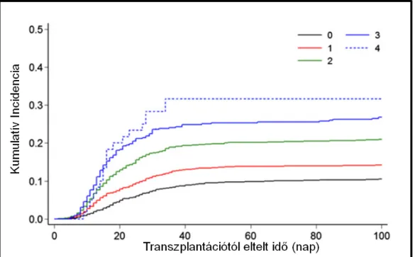 7. Ábra: A III-IV-es  fokozatú akut GVHD  kumulatív incidencia görbéje (Morishima,  2015 nyomán) 0 MM-et mutató donor: fekete vonal, 1 MM: piros vonal, 2 MM: zöld vonal,  3 MM: kék folytonos vonal, 4 MM: kék szaggatott vonal 