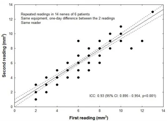 Figure 6. Intra-rater test-retest reliability. Repeated measurements by the same reader  of 84 nerves in 6 patients one day apart