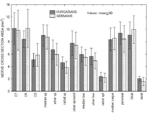 Figure 8. Measurements in two independent cohorts. CSA values of 14 nerve segments  in Hungarian (N= 25) and German (N=31 healthy subjects)