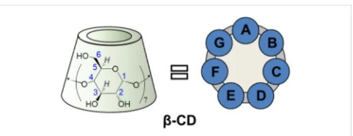 Figure 1: Schematic representation of β-CD with glucopyranose atom numbering and with alphabetic labeling of the seven glucopyranose subunits.