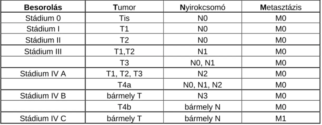 3. táblázat. Szájüregi rákok TNM besorolása (UICC 7. kiadás alapján) [101] 