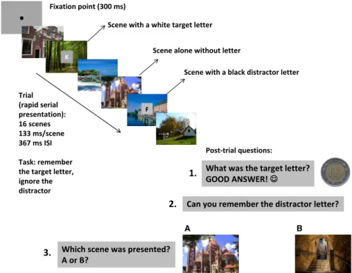 Fig. 1. Illustration of scene sequences. Two scenes appeared with white target letters that should be remembered, and two scenes appeared with black distractor letters that should be ignored