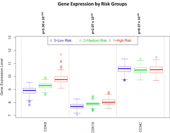 Figure 7. Levels of CDK8/CDK19/CCNC expression in three equal-size groups of colon cancers  patients stratified by increasing risk, in the curated SurvExpress dataset  (http://bioinformatica.mty.itesm.mx:8080/Biomatec/SurvivaX.jsp) of 808 colon cancers