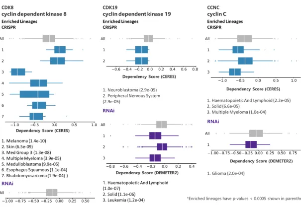 Figure 2. DepMap representation of lineage enrichment in the analysis of dependency of CRISPR and  RNAi panels on CDK8, CDK19, and CCNC