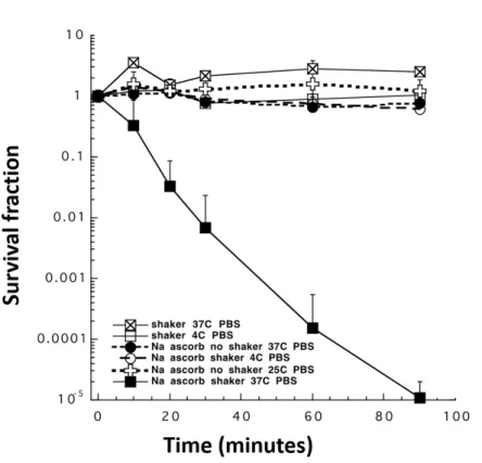 Figure  4:  Time-dependent  killing  of  C.  albicans  with  90  mM  P-Asc  shaken  in  phosphate- phosphate-buffered  saline  (PBS)  at  37°C  or  4°C,  and  not  shaken  at  37°C  or  25°C