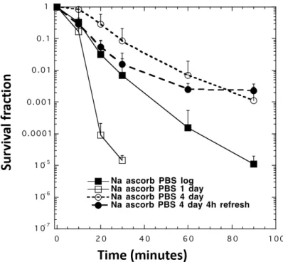 Figure 6:  Time-dependent killing of C. albicans taken from cultures at different growth phases  shaken  in  phosphate-buffered  saline  (PBS)  at  37°C  containing  90  mM  P-Asc