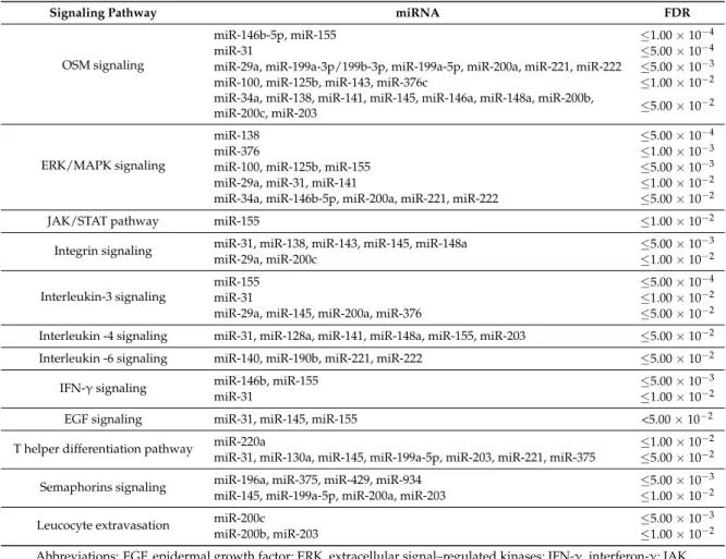Table 2. The most relevant pathways related to miRNA–mRNA networks in breast cancer cell lines.