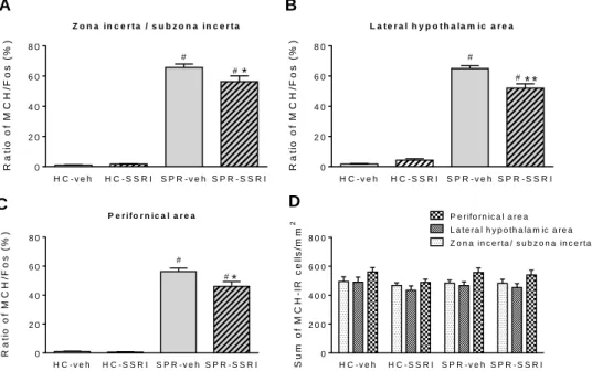 Figure  7.  The  neuronal  (Fos)  activation  of  the  melanin-concentrating  hormone  (MCH)-containing  neuronal  cell  population  of  different  hypothalamic/thalamic  structures  as  a  result  of  ‘REM  sleep  rebound’  and  selective  serotonin  reup