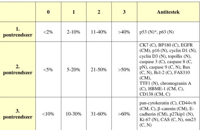 6. táblázat: Az immunfestődések értékelése során alkalmazott pontrendszerek 