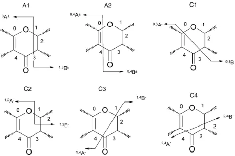 Fig. 4. Fragmentation pathways for flavonoids caused by cleavage of C-ring bonds; (A)  in both PI and NI: (A1) 1 and 3, (A2) 0 and 4; (C) in NI: (C1) 0 and 3, (C2) 1 and 2, 