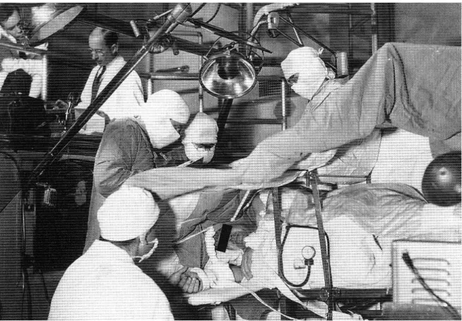 Fig. 2. W. Penfield and H. Jasper performing an awake craniotomy with  electrocorticography at the Montreal Neurological Institute in the 1950’s