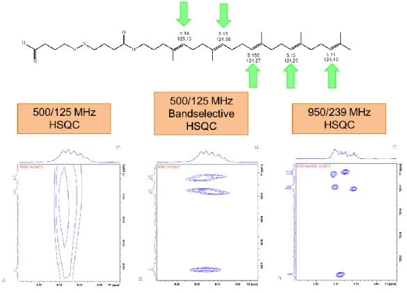Figure 2: Differentation of squalene sp 2  CH groups in the HSQC spectrum 