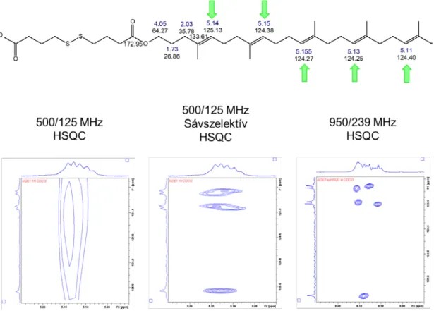 2. Ábra: A szkvalén-oldallánc sp 2  CH csoportjainak megkülönböztetése HSQC spektrumban 