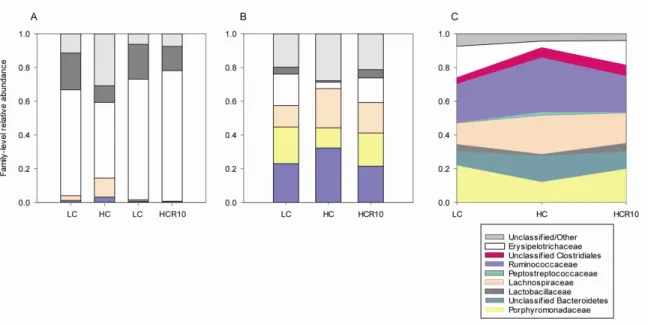 Figure 11 A. Relative abundance of the most common families within the colonic mucosal  samples of the discovery group