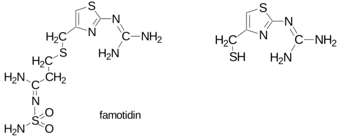 6. ábra A famotidin és a vizsgált N-(4-merkaptometil-tiazolil)-guanidin szerkezete 