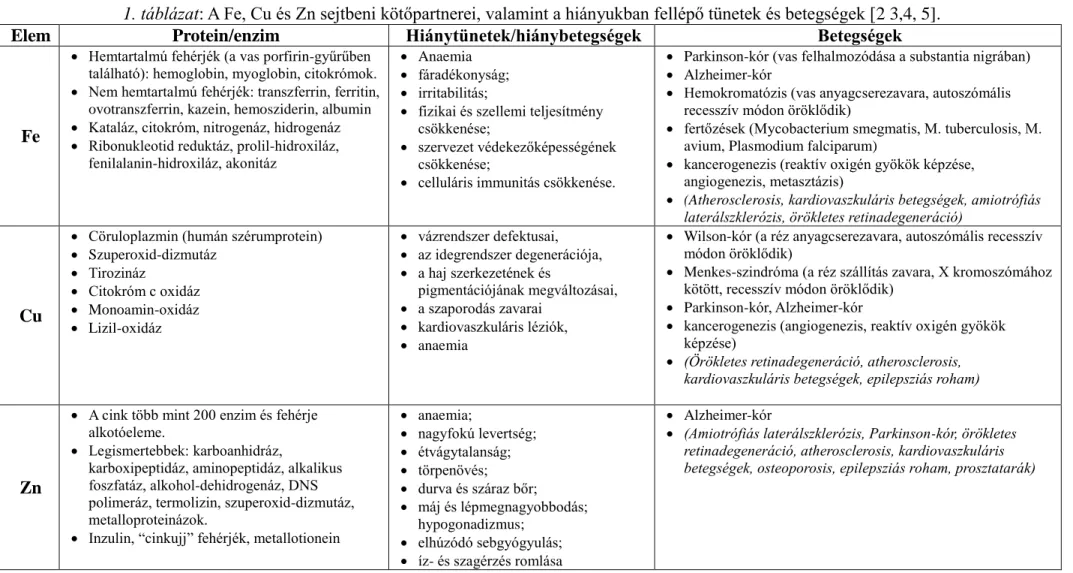 1. táblázat: A Fe, Cu és Zn sejtbeni kötőpartnerei, valamint a hiányukban fellépő tünetek és betegségek [2 3,4, 5]