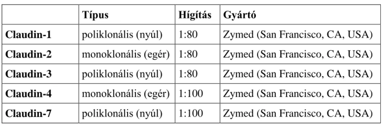 4. táblázat – Elsődleges claudin ellenes antitestek és jellemzőik 