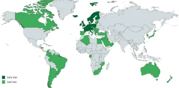 Figure 1. The use and production of asbestos is currently banned in 67 countries. Early  bans  were  introduced  in  Western  Europe  before  2000  (dark  green)