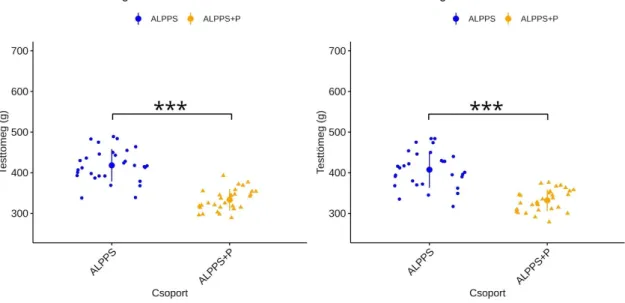 20  ábra:  Az  állatok  testtömeg  mind  műtétet  megelőzően,  mind  pedig  a  termináláskor  magasabbnak  adódott  a  nyugodt  körülmények                                    között  élő  ALPPS  csoportban  az  edzésben  részesült  ALPPS+P  csoporthoz  kép