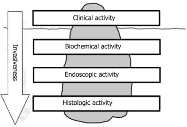 Figure 1  Activity assessment in inflammatory bowel disease: The iceberg  phenomenon. IBD: inflammatory bowel disease.