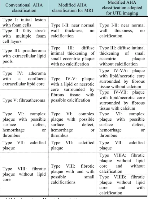 Table 1 – Scheme for the classification of plaques with MRI. 