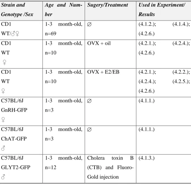 Table I. Mouse models, surgeries and their experiments. 