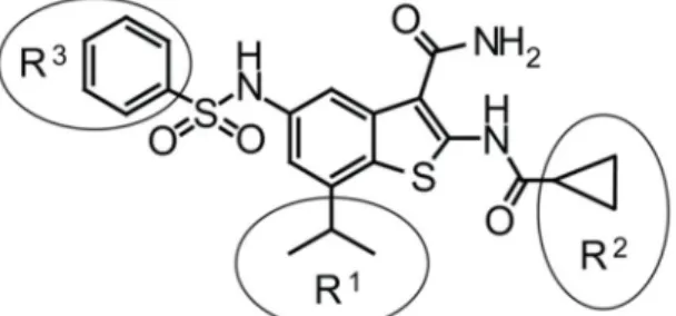 Figure  6.  Chemical  structure  of  compound  1.  Circles  indicate  the  three  important  substituents  and  sites  of  difference  in  the  benzothiophene-3-carboxamide  compound  family