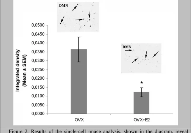 Figure  2.  Results  of  the  single-cell  image  analysis,  shown  in  the  diagram,  reveal  reduced  single-cell  levels  of  RFRP  mRNA  expression  (integrated  density;  mean  gray  value X area of silver grains above individual neurons), in ovariect